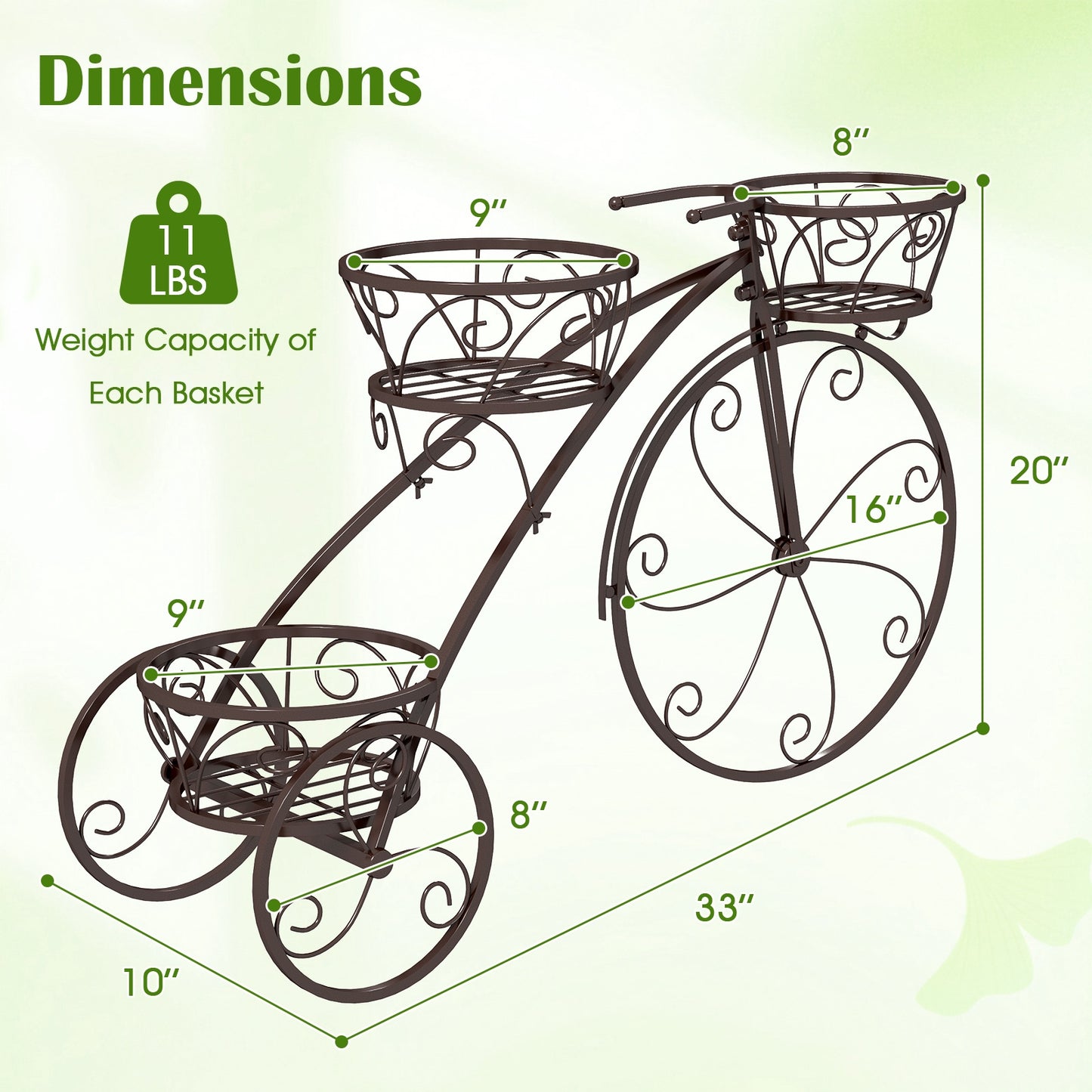 Tricycle Plant Stand Flower Pot Cart Holder with 3 Hollowed Baskets-Bronze