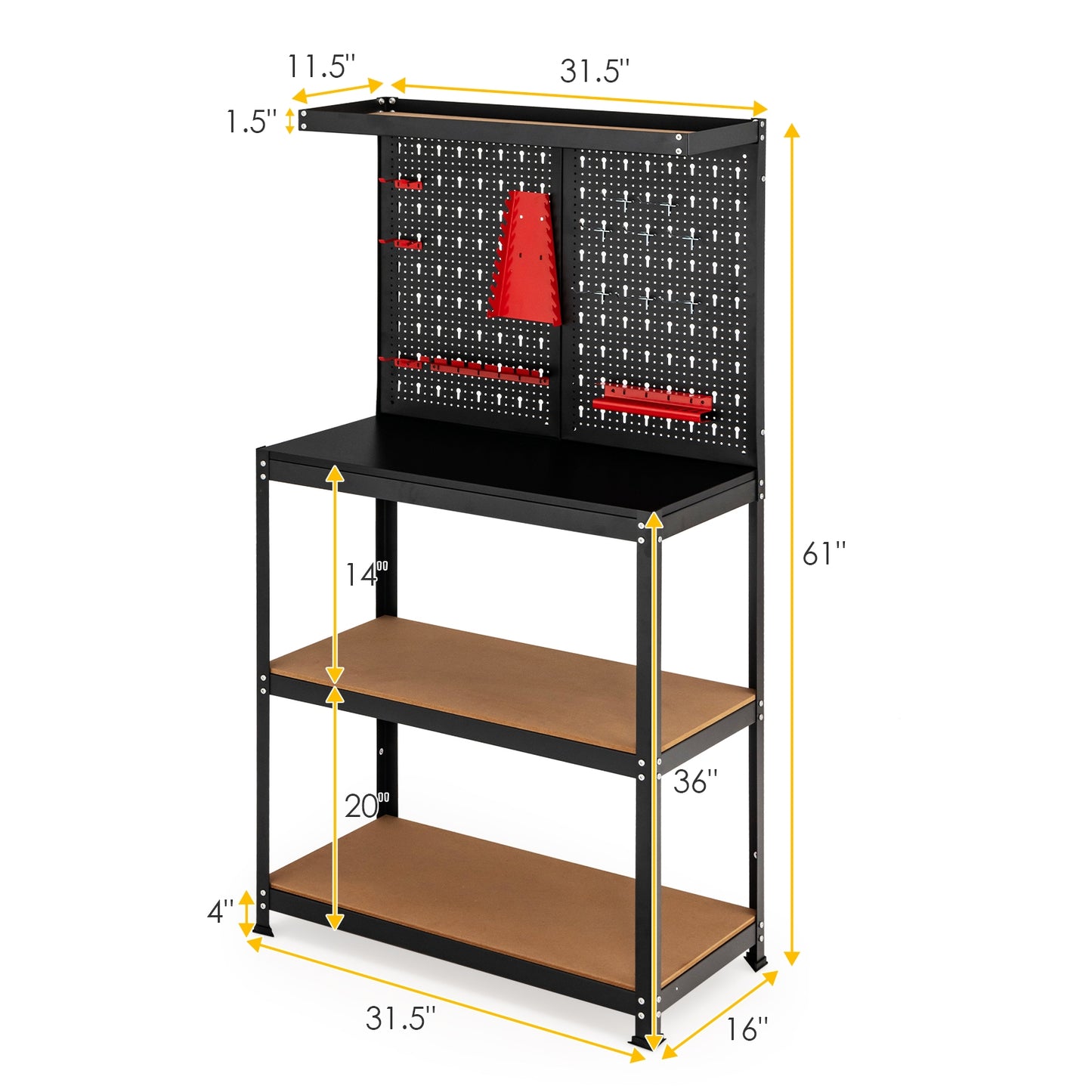 Tool Storage Workbench with Peg Board 2 Lower Shelves 14 Hanging Accessories-Black