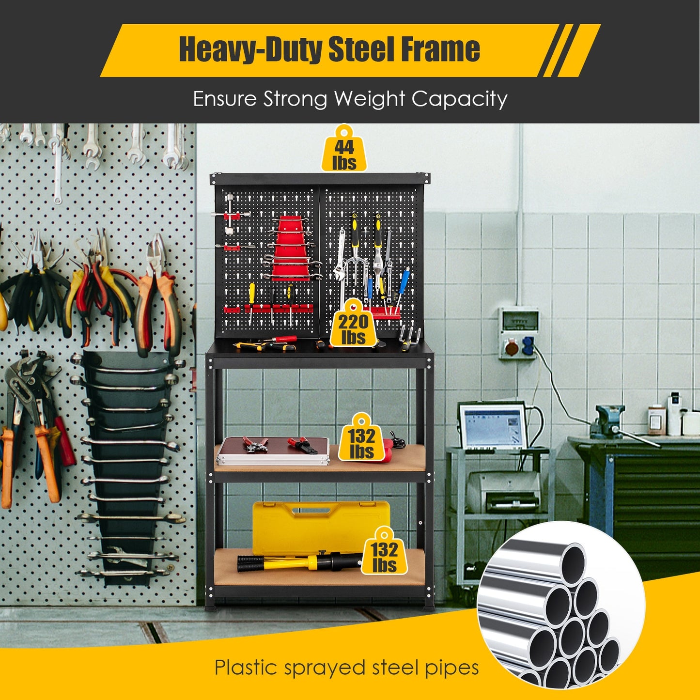 Tool Storage Workbench with Peg Board 2 Lower Shelves 14 Hanging Accessories-Black