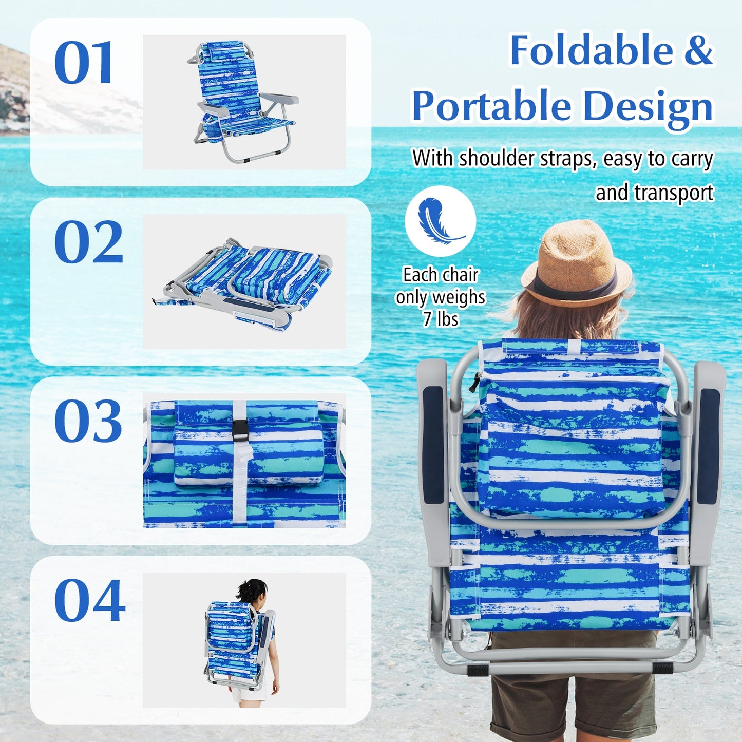Foldable Backpack Beach Chair with Cup Holder and Storage Pockets Set of 2-Navy