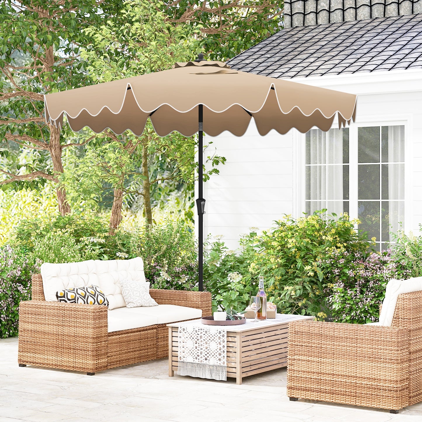9 Feet Patio Umbrella with Crank Handle and Push Button Tilt-Brown