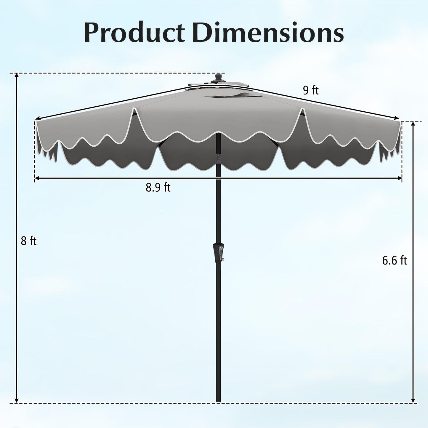 9 Feet Patio Umbrella with Crank Handle and Push Button Tilt-Gray