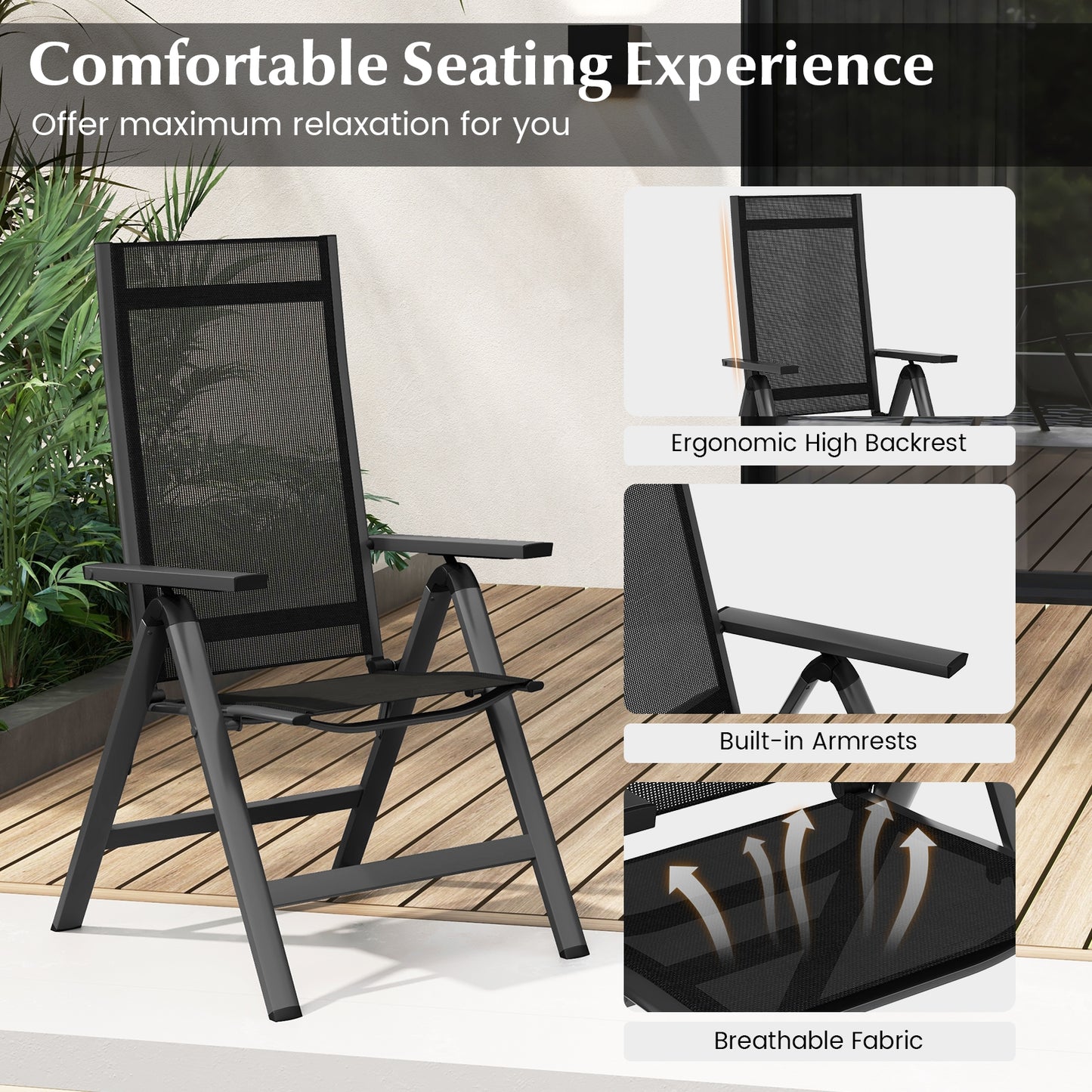 Outdoor Dining Chair with Soft Padded Seat and 7-Position Adjustable Backrest Set of 2-Black