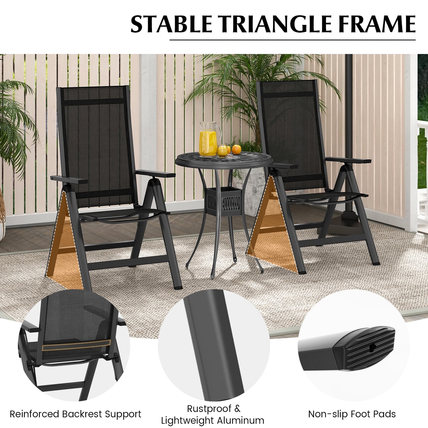Outdoor Dining Chair with Soft Padded Seat and 7-Position Adjustable Backrest Set of 2-Black