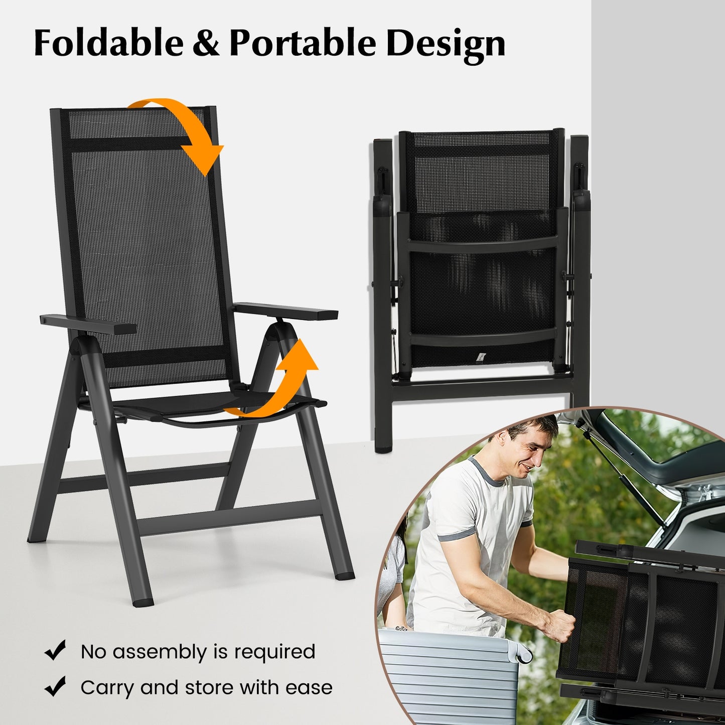 Outdoor Dining Chair with Soft Padded Seat and 7-Position Adjustable Backrest Set of 2-Black