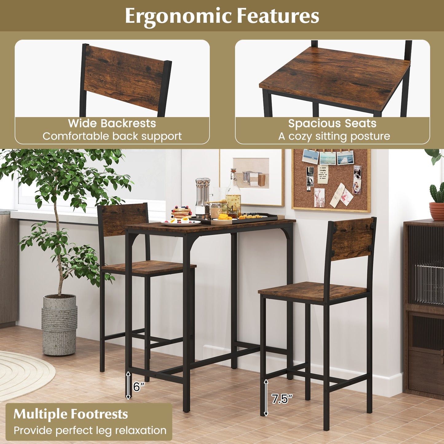 3 Piece Bar Table Set with Backrest and Footrest for Small Space-Rustic Brown