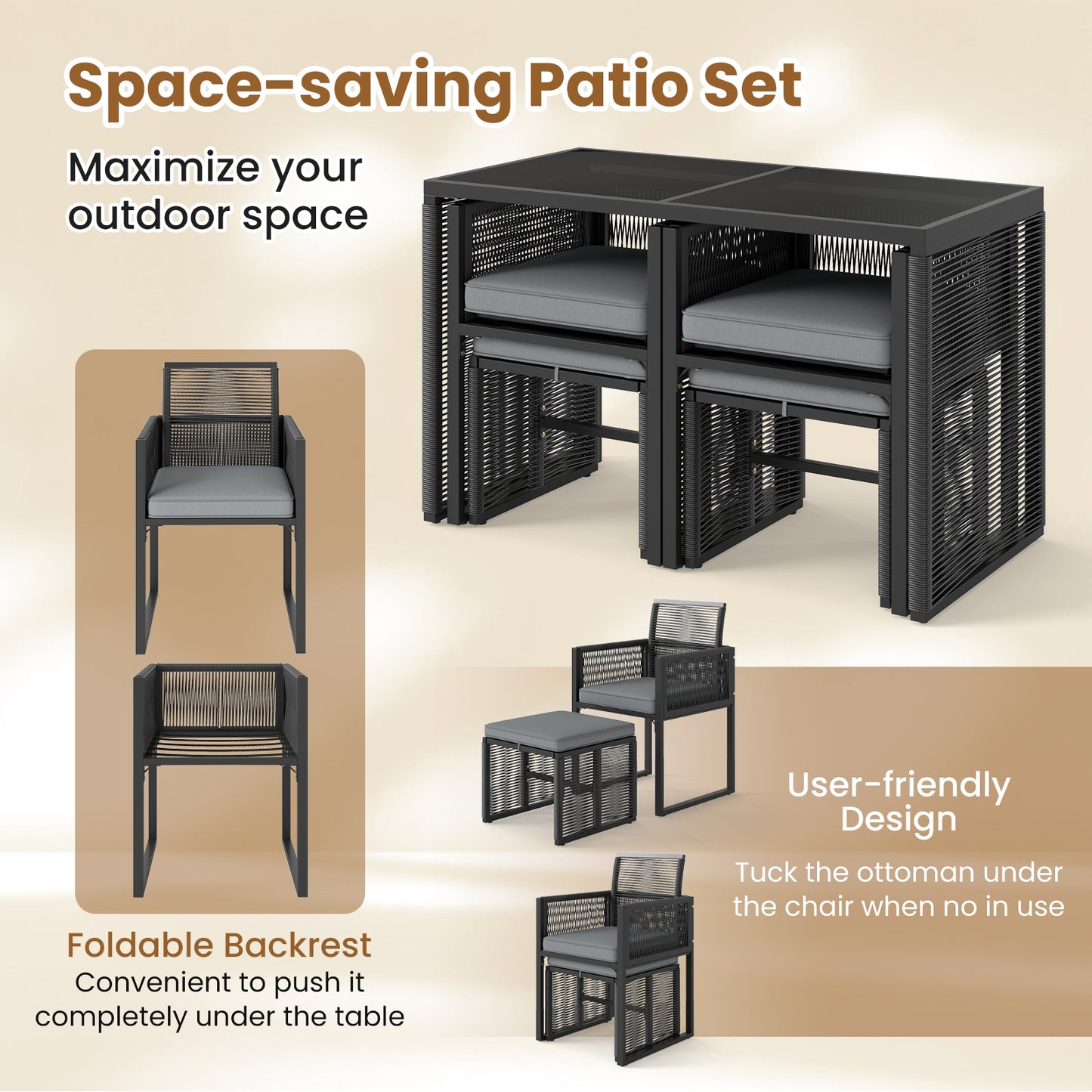 5 Pieces Outdoor Conversation Set with Removable Cushions for Backyard Porch-Gray