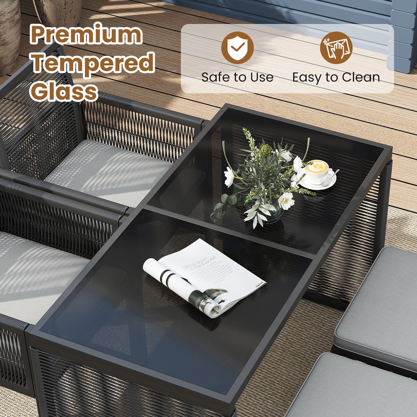 5 Pieces Outdoor Conversation Set with Removable Cushions for Backyard Porch-Gray