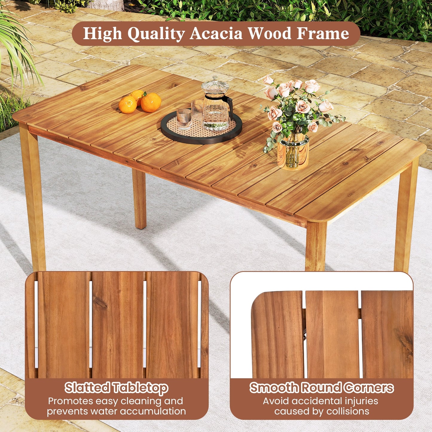 Rectangular Outdoor Dining Table Acacia Wood for 4-6 People