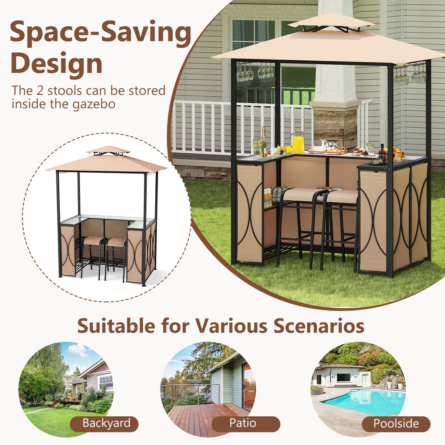 6.5 x 4 x 8 FT Grill Gazebo Set with 2 Bar Stools and Bar Table-Brown