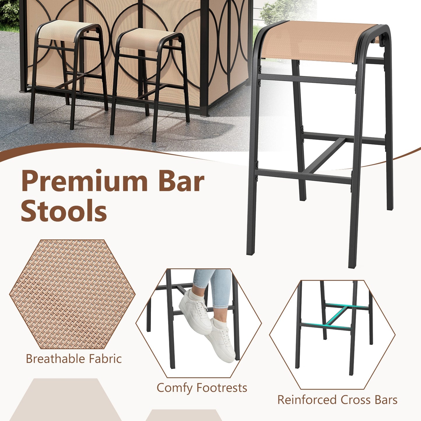 6.5 x 4 x 8 FT Grill Gazebo Set with 2 Bar Stools and Bar Table-Brown