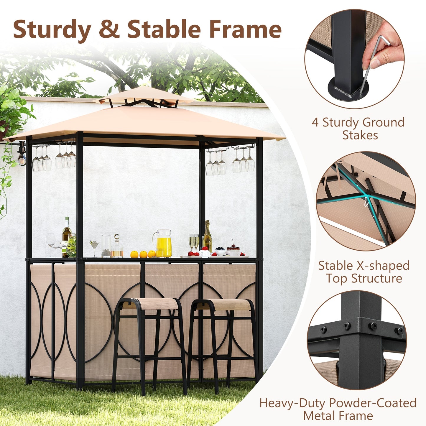 6.5 x 4 x 8 FT Grill Gazebo Set with 2 Bar Stools and Bar Table-Brown