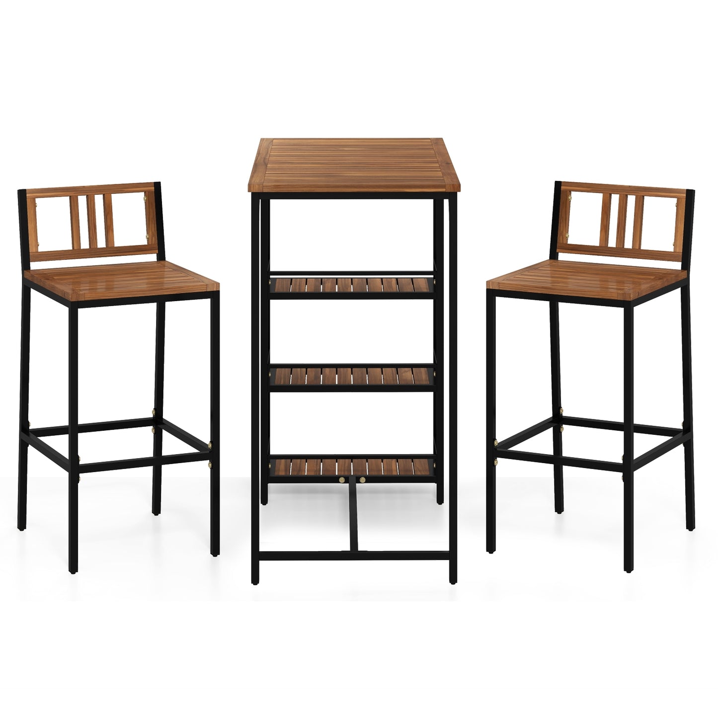 3 Pieces Outdoor Wood Bar Set with 3-Tier Storage Shelf and Metal Frame