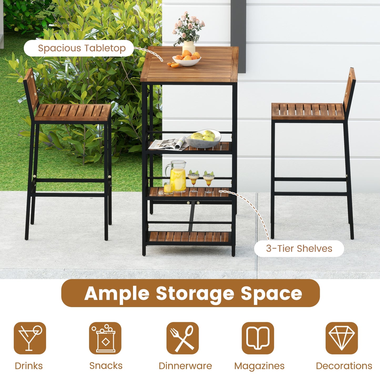 3 Pieces Outdoor Wood Bar Set with 3-Tier Storage Shelf and Metal Frame