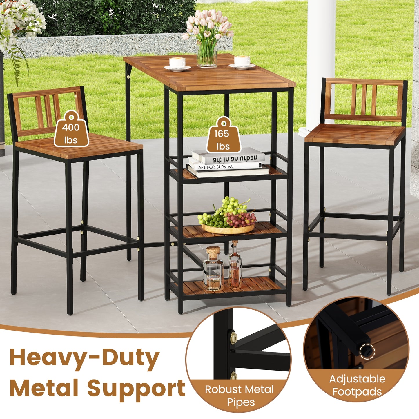 3 Pieces Outdoor Wood Bar Set with 3-Tier Storage Shelf and Metal Frame