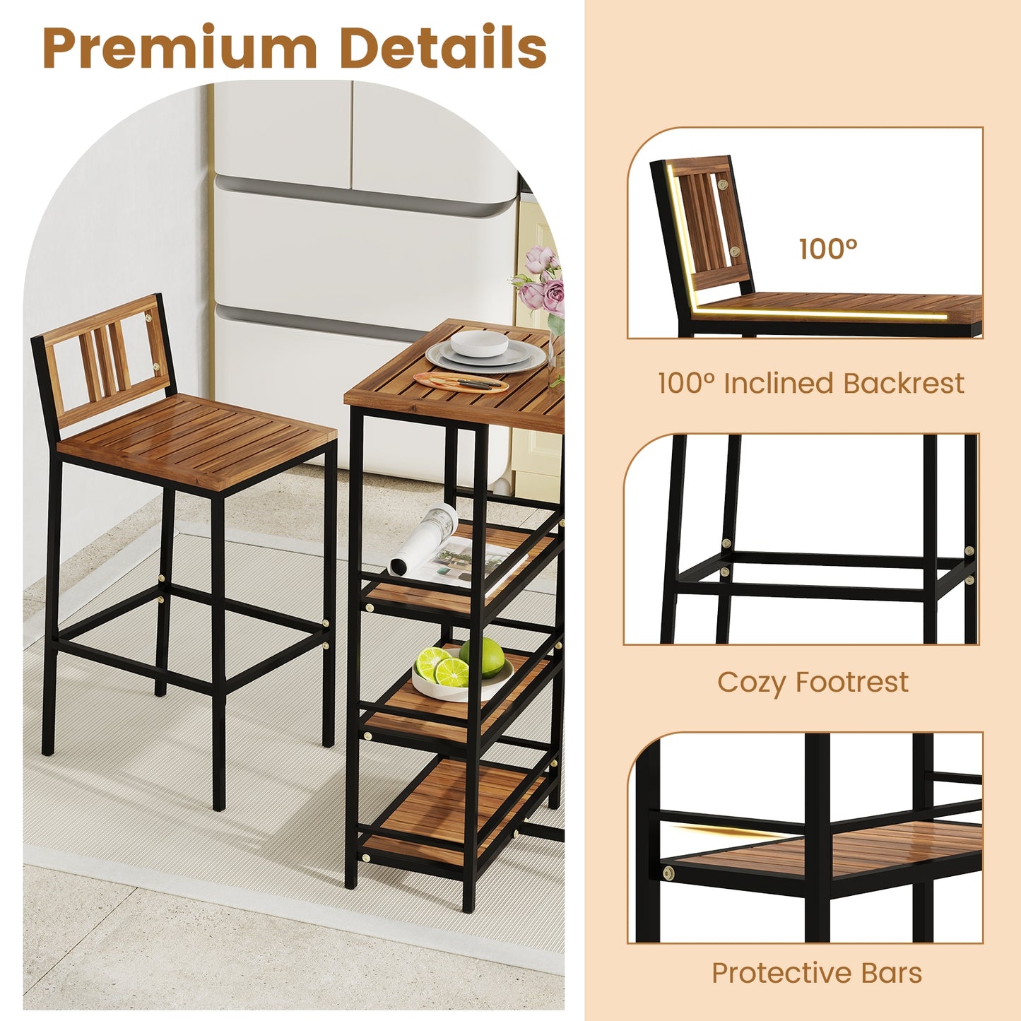 3 Pieces Outdoor Wood Bar Set with 3-Tier Storage Shelf and Metal Frame
