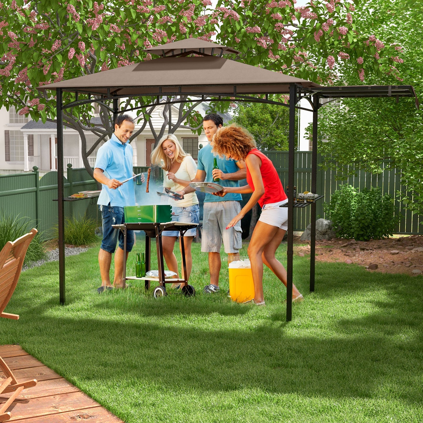 11 x 5 FT Grill Gazebo with Side Awning and Double-Tiered Top-Brown