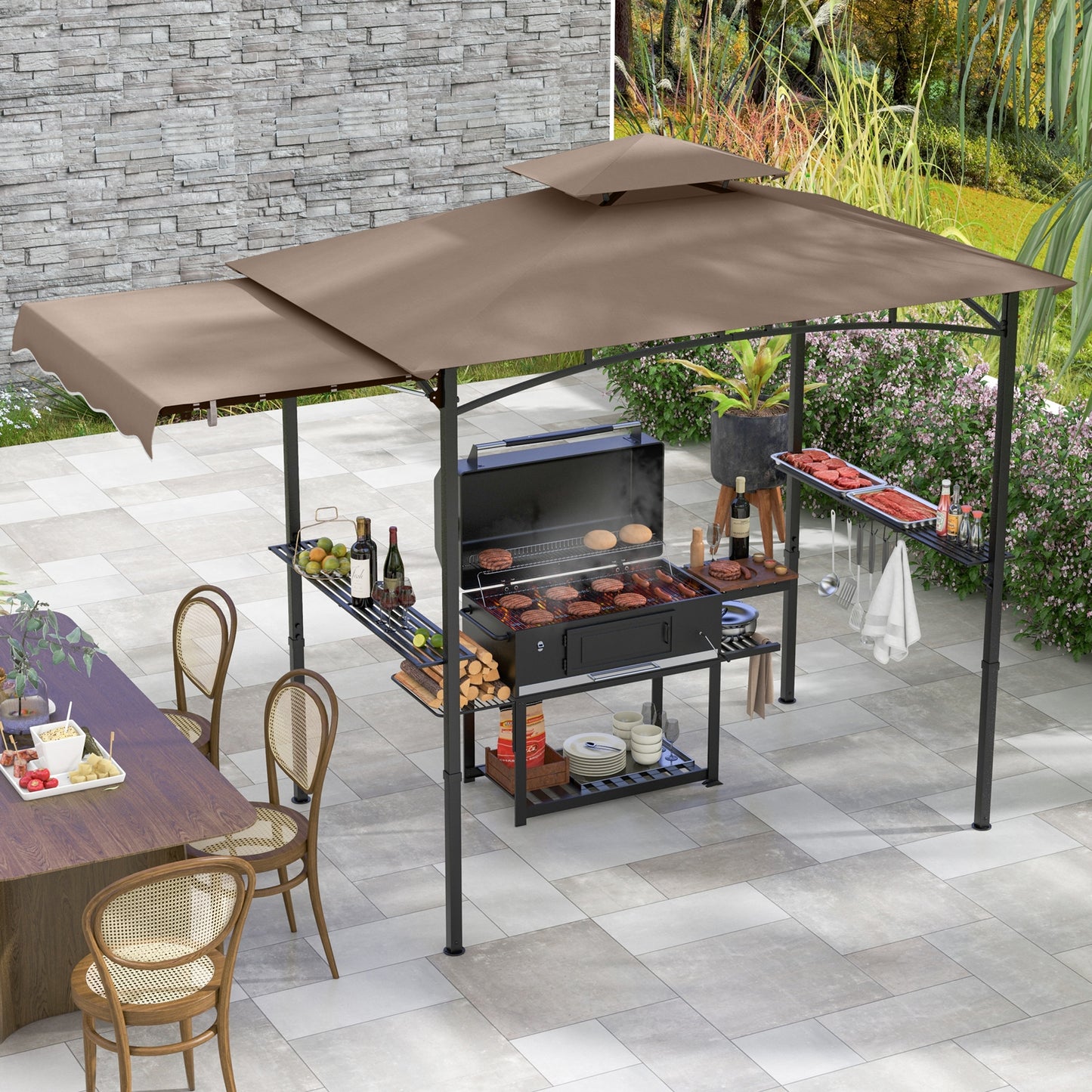 11 x 5 FT Grill Gazebo with Side Awning and Double-Tiered Top-Brown