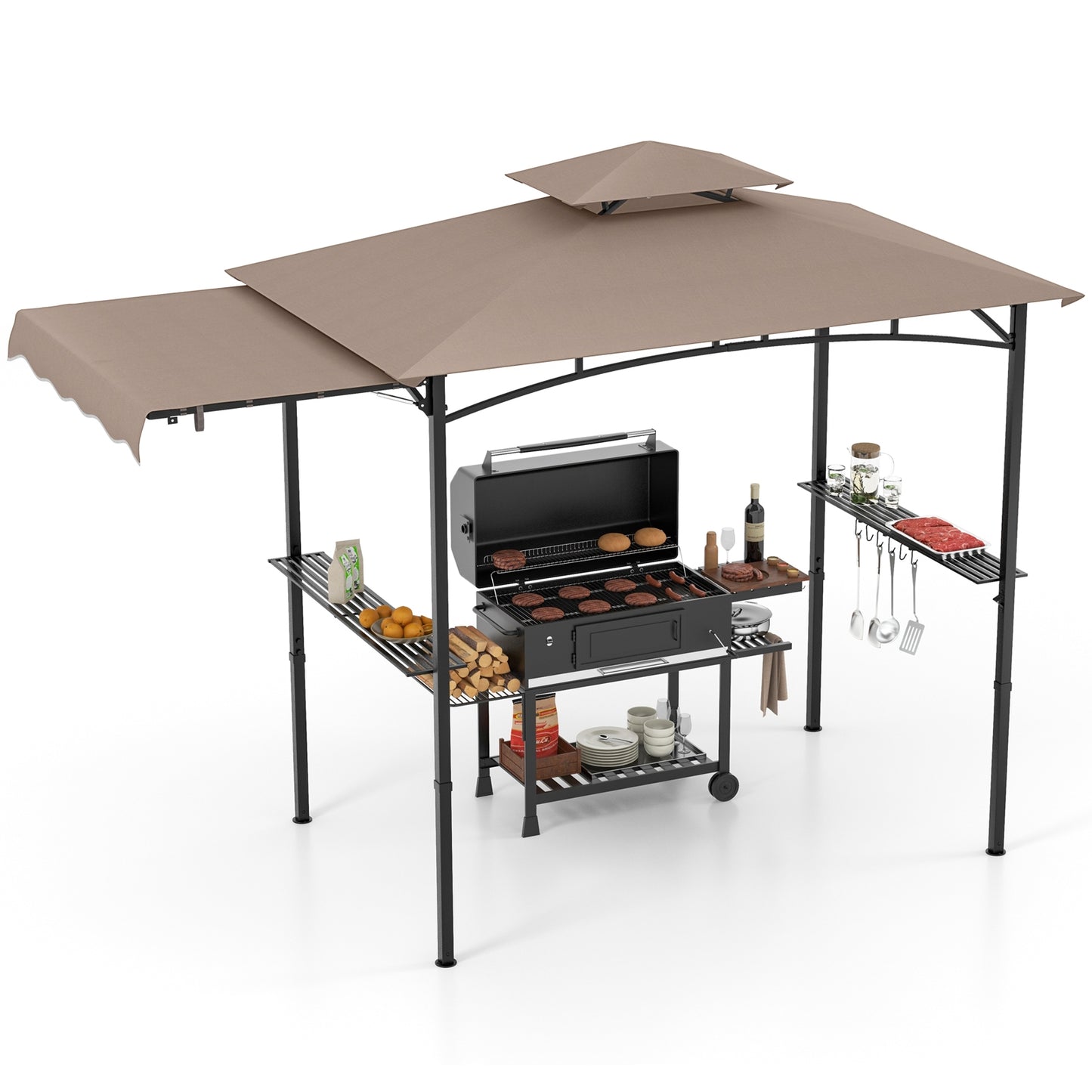 11 x 5 FT Grill Gazebo with Side Awning and Double-Tiered Top-Brown