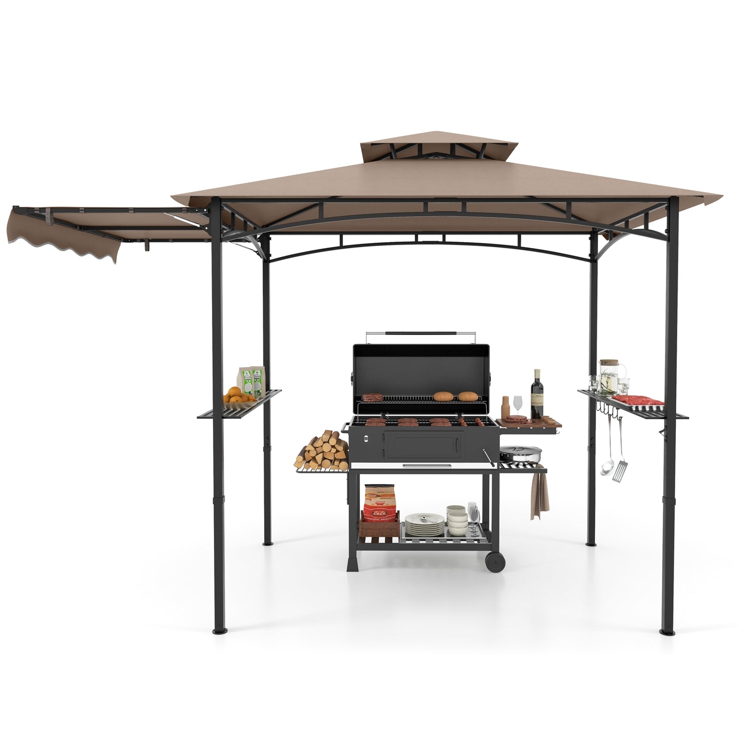 11 x 5 FT Grill Gazebo with Side Awning and Double-Tiered Top-Brown