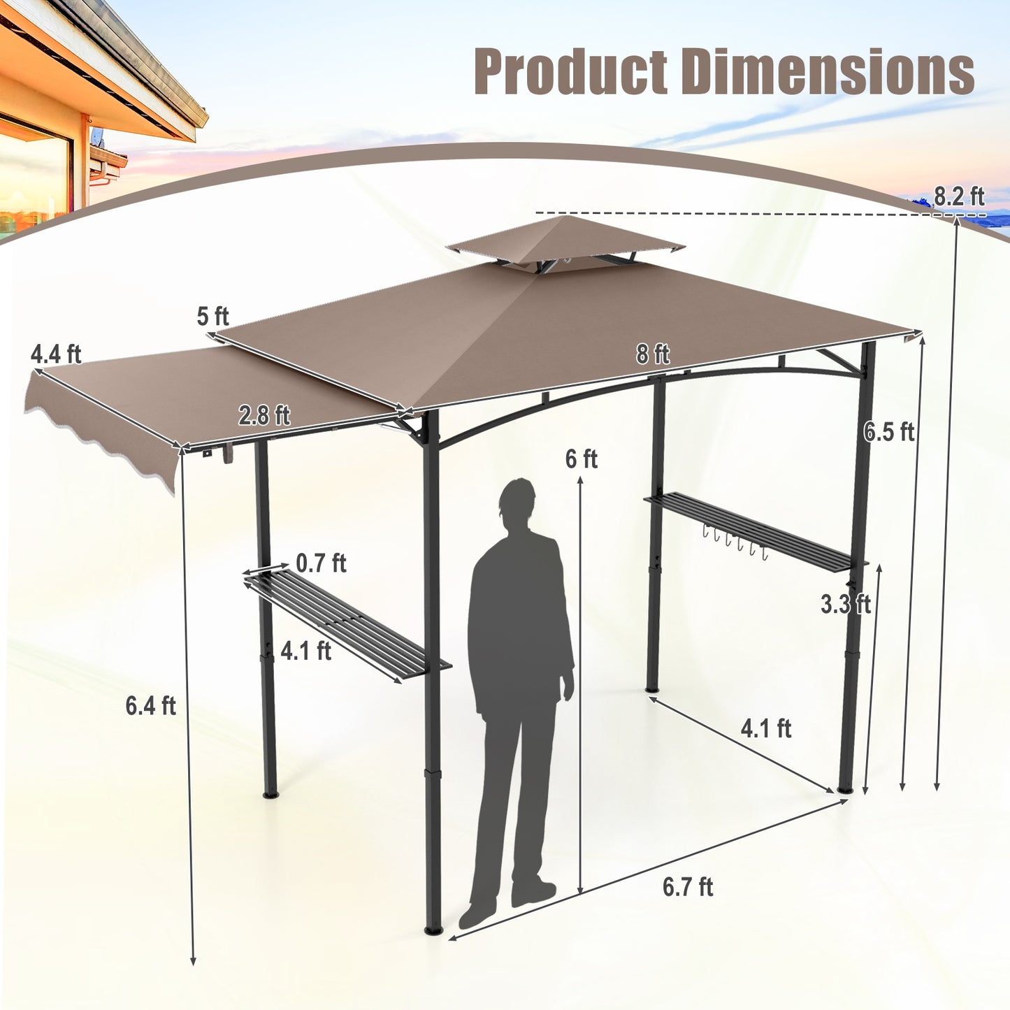11 x 5 FT Grill Gazebo with Side Awning and Double-Tiered Top-Brown