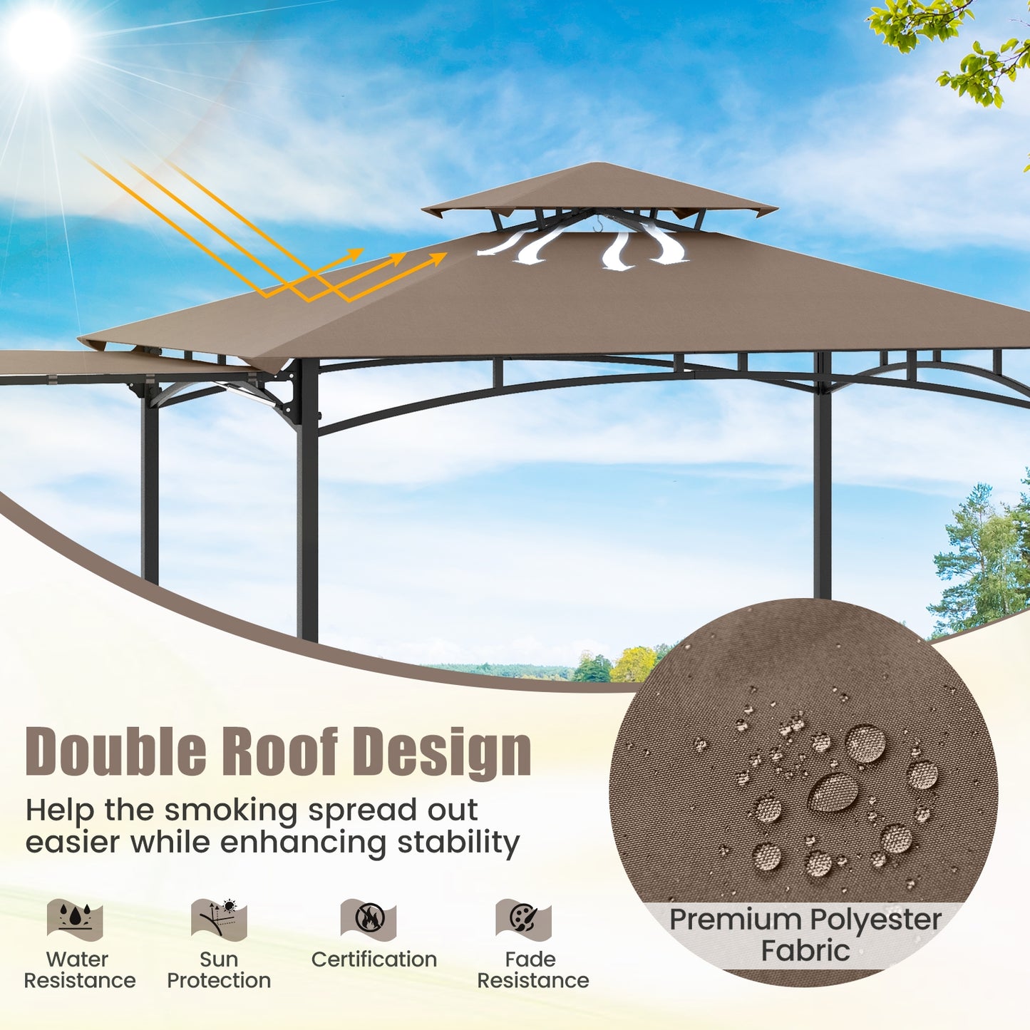 11 x 5 FT Grill Gazebo with Side Awning and Double-Tiered Top-Brown