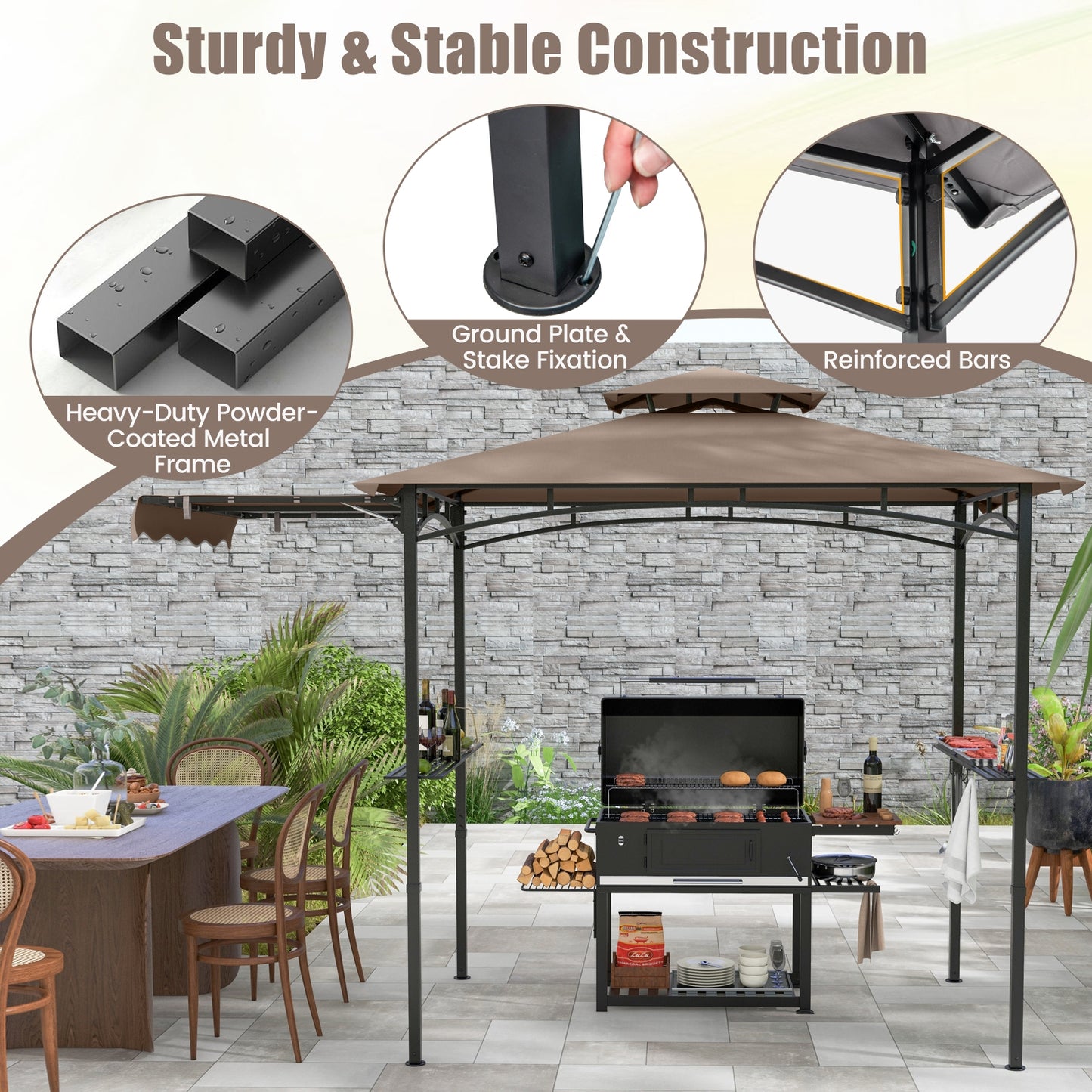 11 x 5 FT Grill Gazebo with Side Awning and Double-Tiered Top-Brown