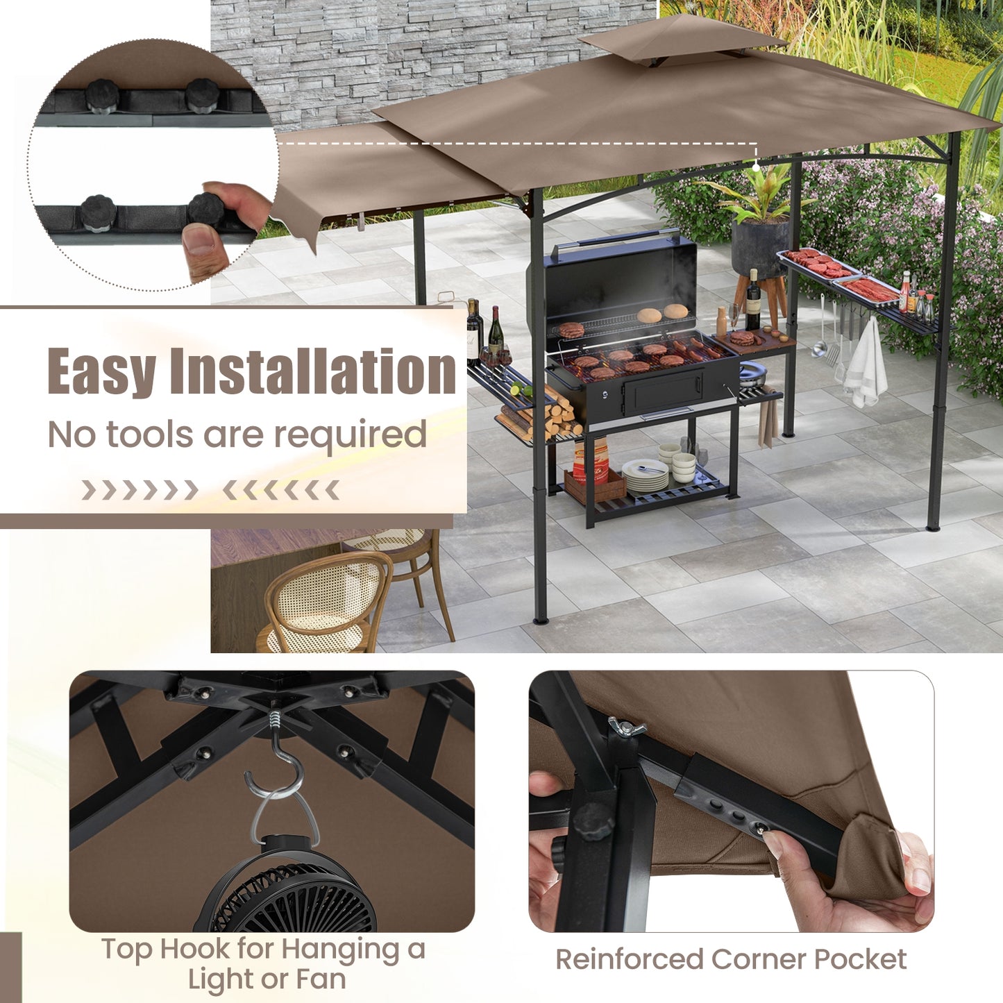 11 x 5 FT Grill Gazebo with Side Awning and Double-Tiered Top-Brown