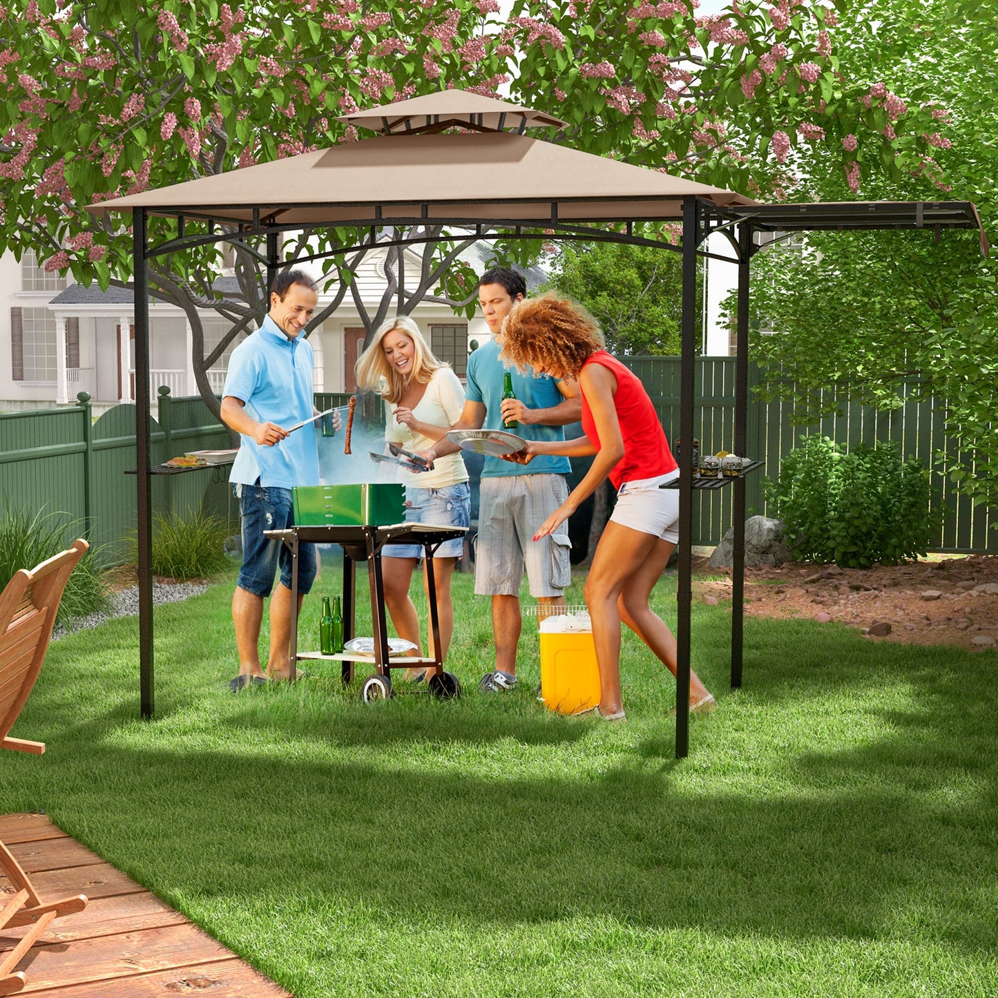 11 x 5 FT Grill Gazebo with Side Awning and Double-Tiered Top-Beige
