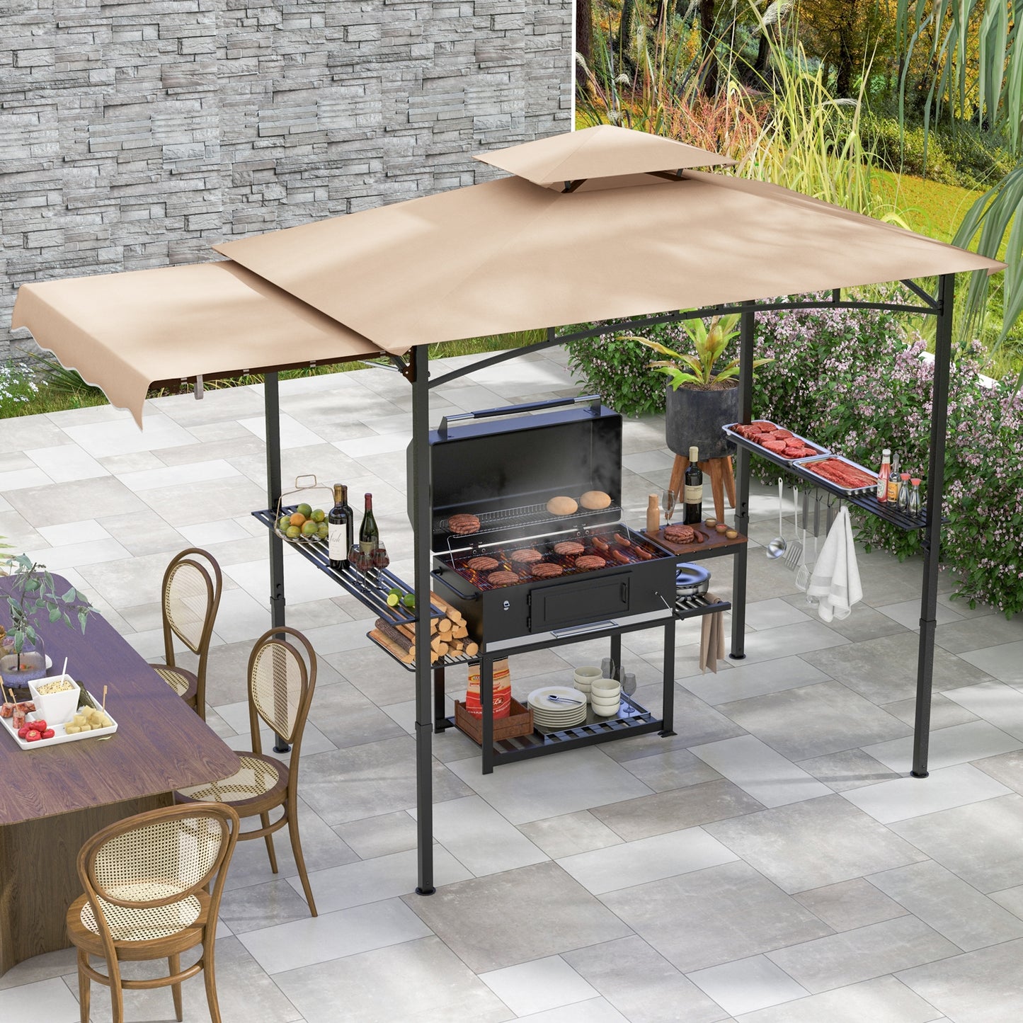 11 x 5 FT Grill Gazebo with Side Awning and Double-Tiered Top-Beige