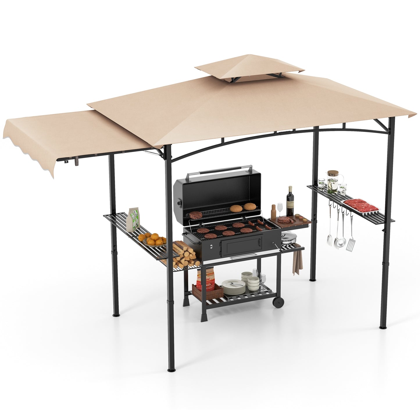 11 x 5 FT Grill Gazebo with Side Awning and Double-Tiered Top-Beige