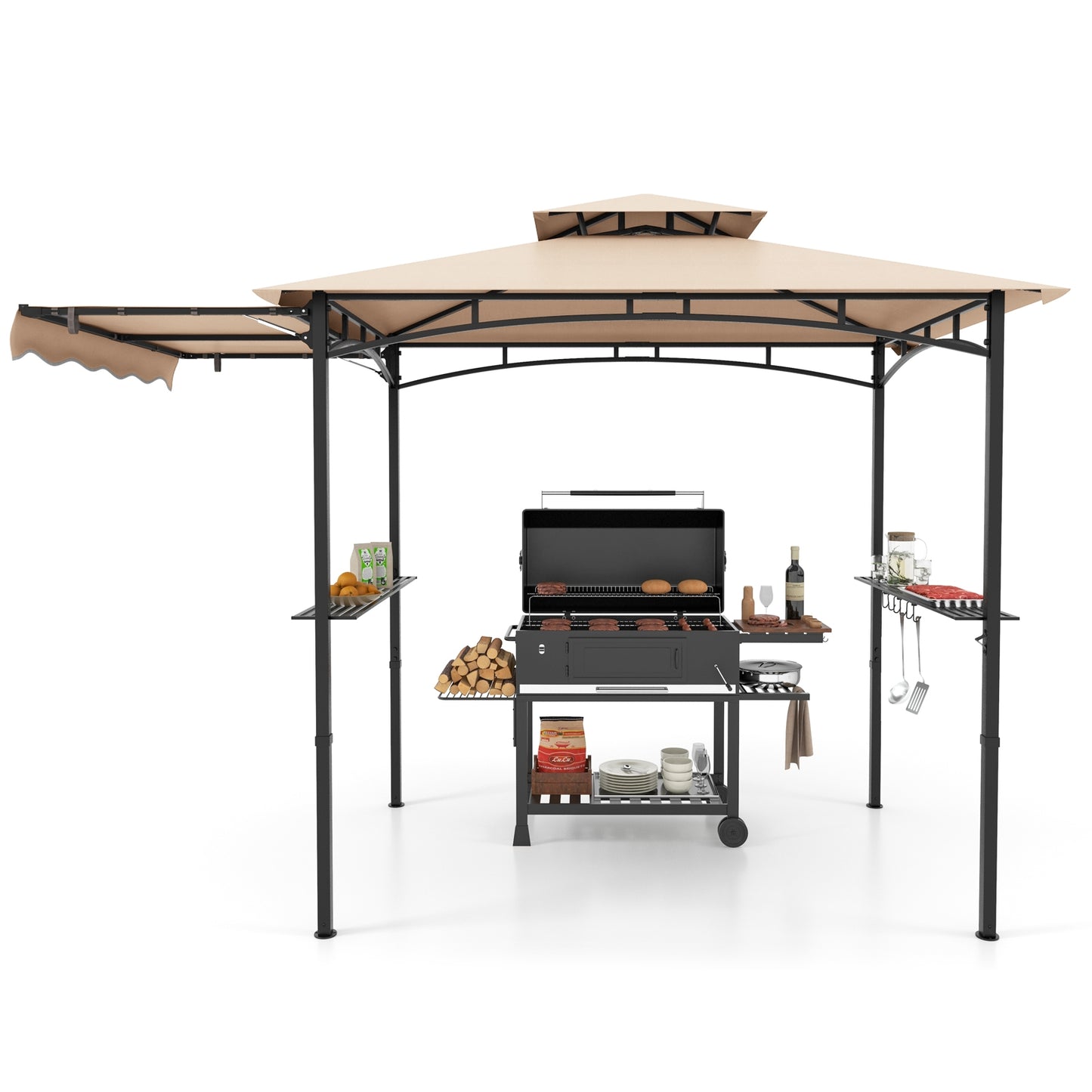 11 x 5 FT Grill Gazebo with Side Awning and Double-Tiered Top-Beige