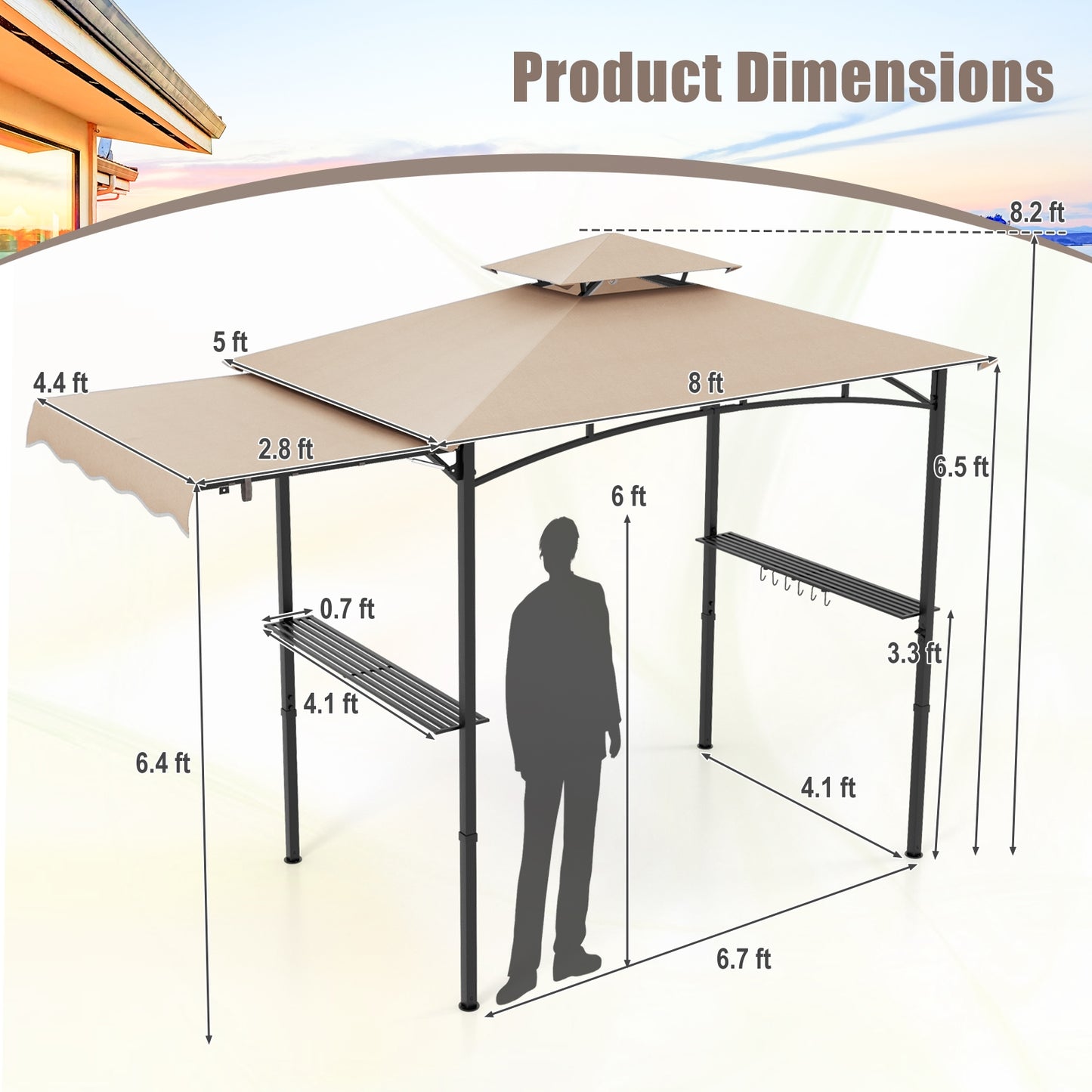 11 x 5 FT Grill Gazebo with Side Awning and Double-Tiered Top-Beige