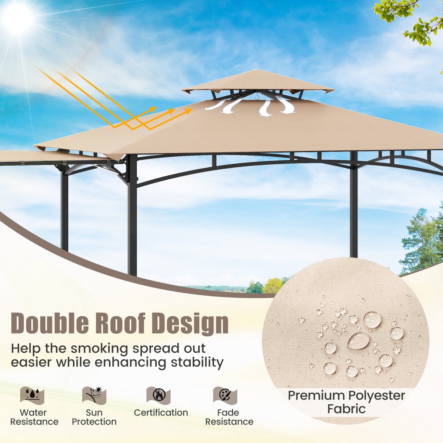 11 x 5 FT Grill Gazebo with Side Awning and Double-Tiered Top-Beige