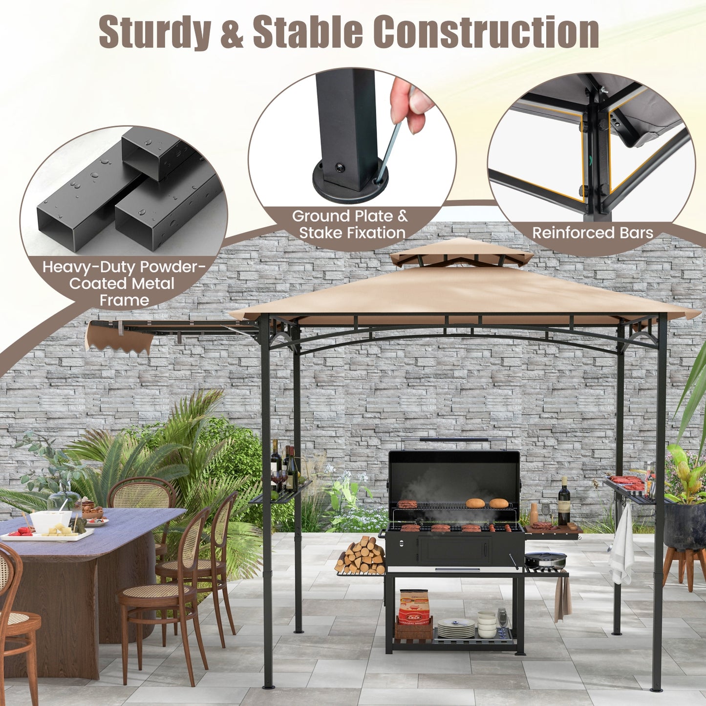 11 x 5 FT Grill Gazebo with Side Awning and Double-Tiered Top-Beige