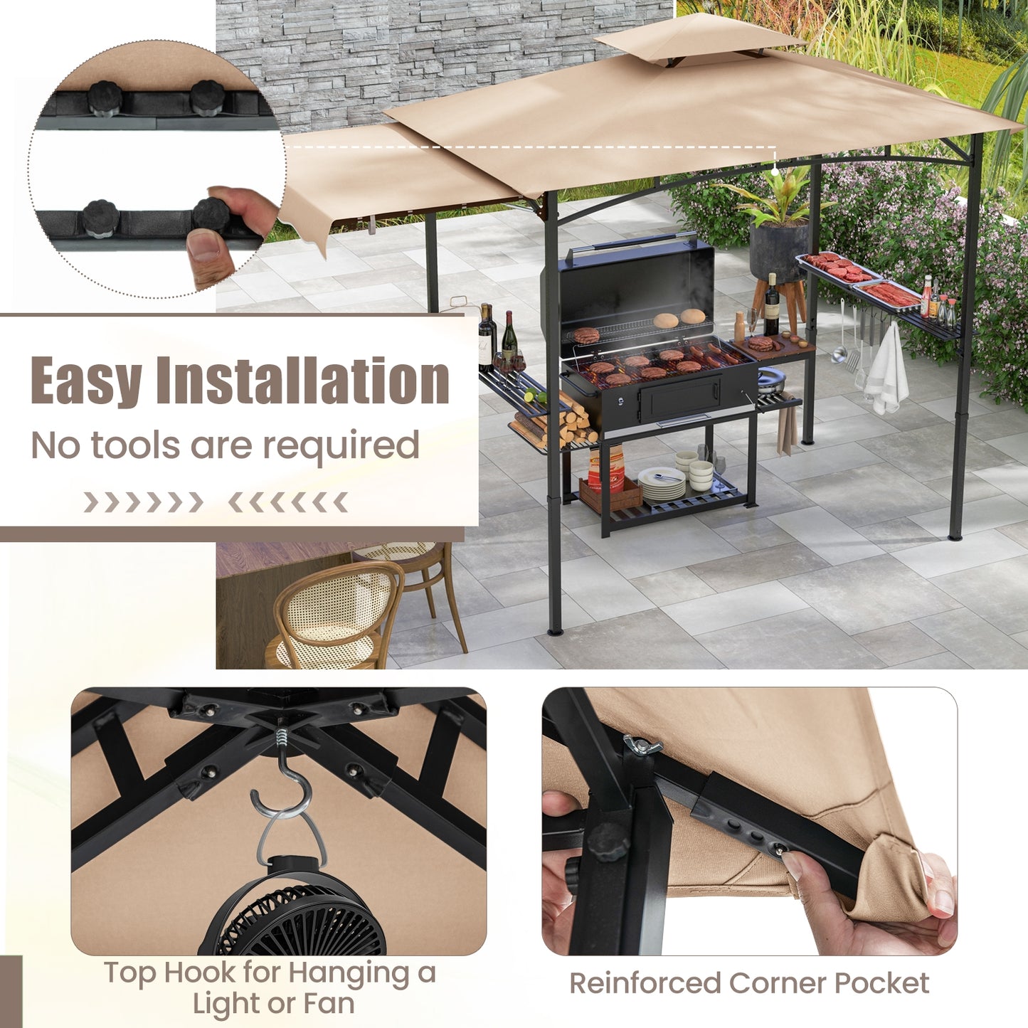 11 x 5 FT Grill Gazebo with Side Awning and Double-Tiered Top-Beige