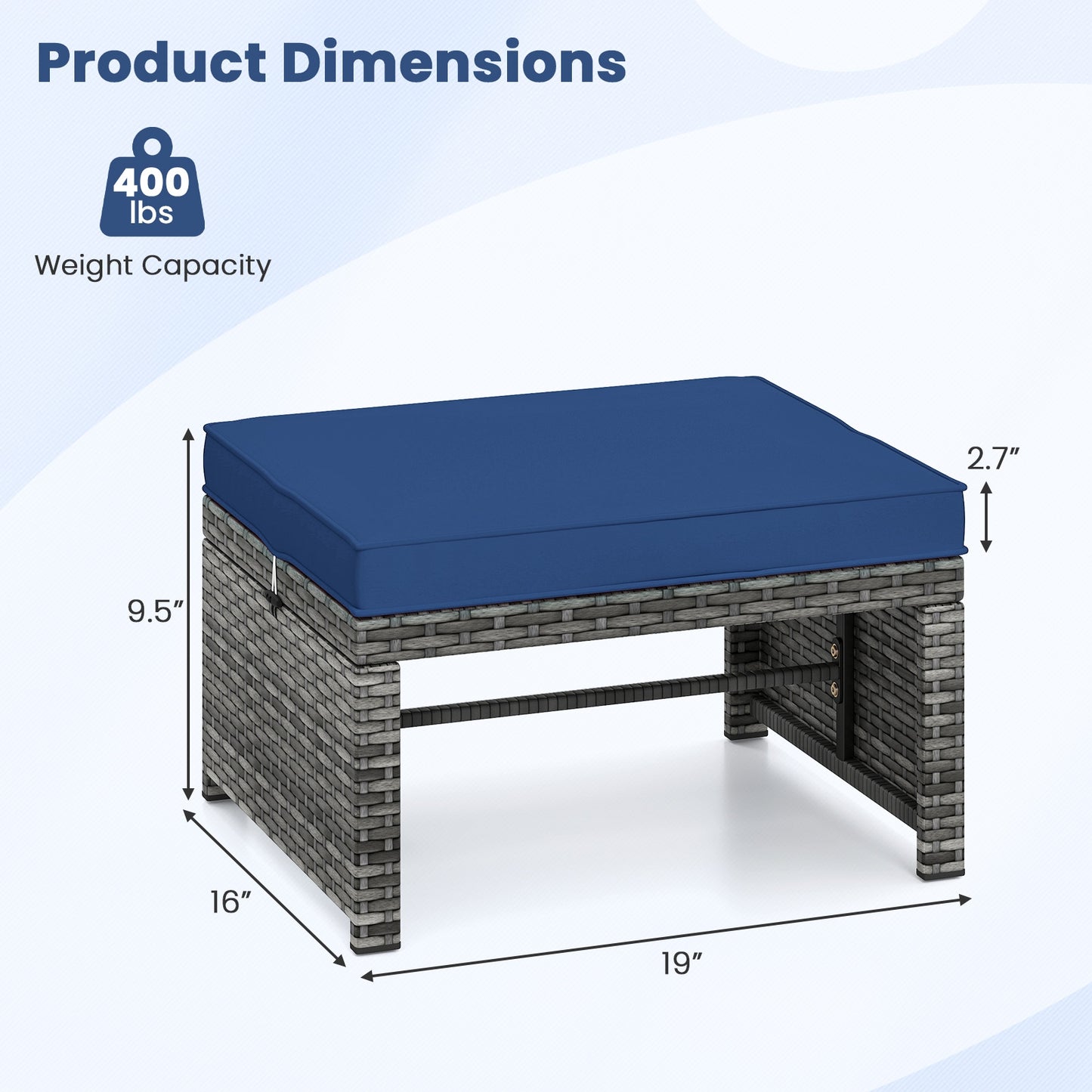2 Pieces Patio PE Rattan Ottomans with Soft Zippered Cushions for Deck-Navy