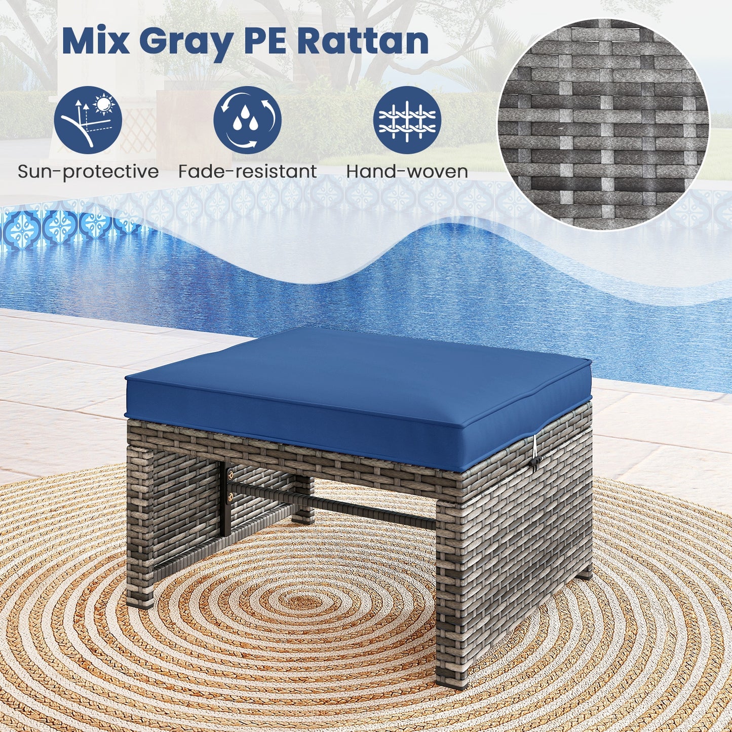 2 Pieces Patio PE Rattan Ottomans with Soft Zippered Cushions for Deck-Navy