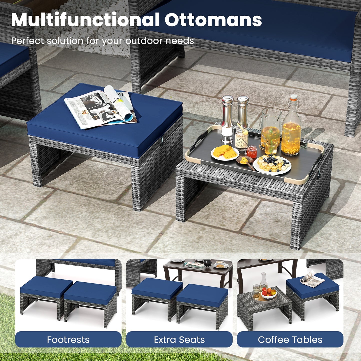 2 Pieces Patio PE Rattan Ottomans with Soft Zippered Cushions for Deck-Navy
