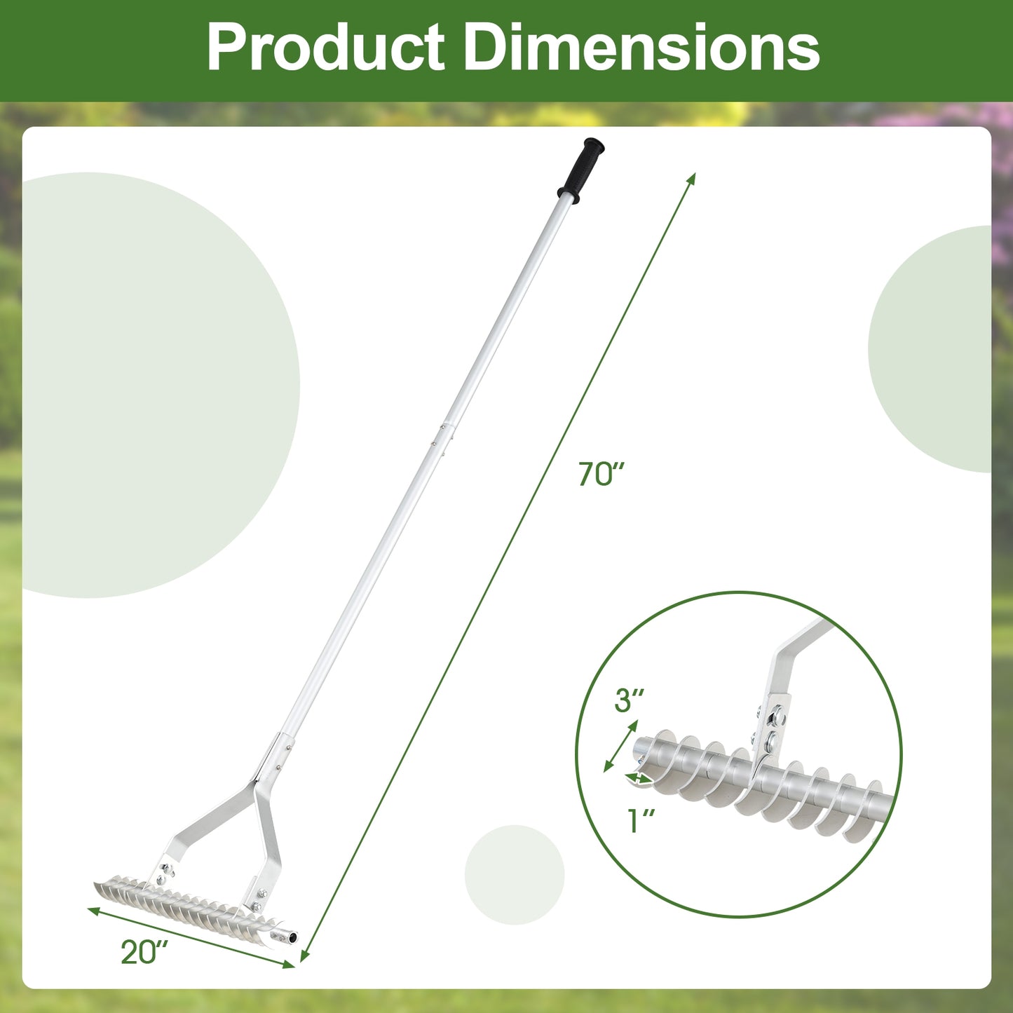 20 Inches Wide Aluminum Lawn Loosening Soil Rake with Long Handle and 19 Curved Tines