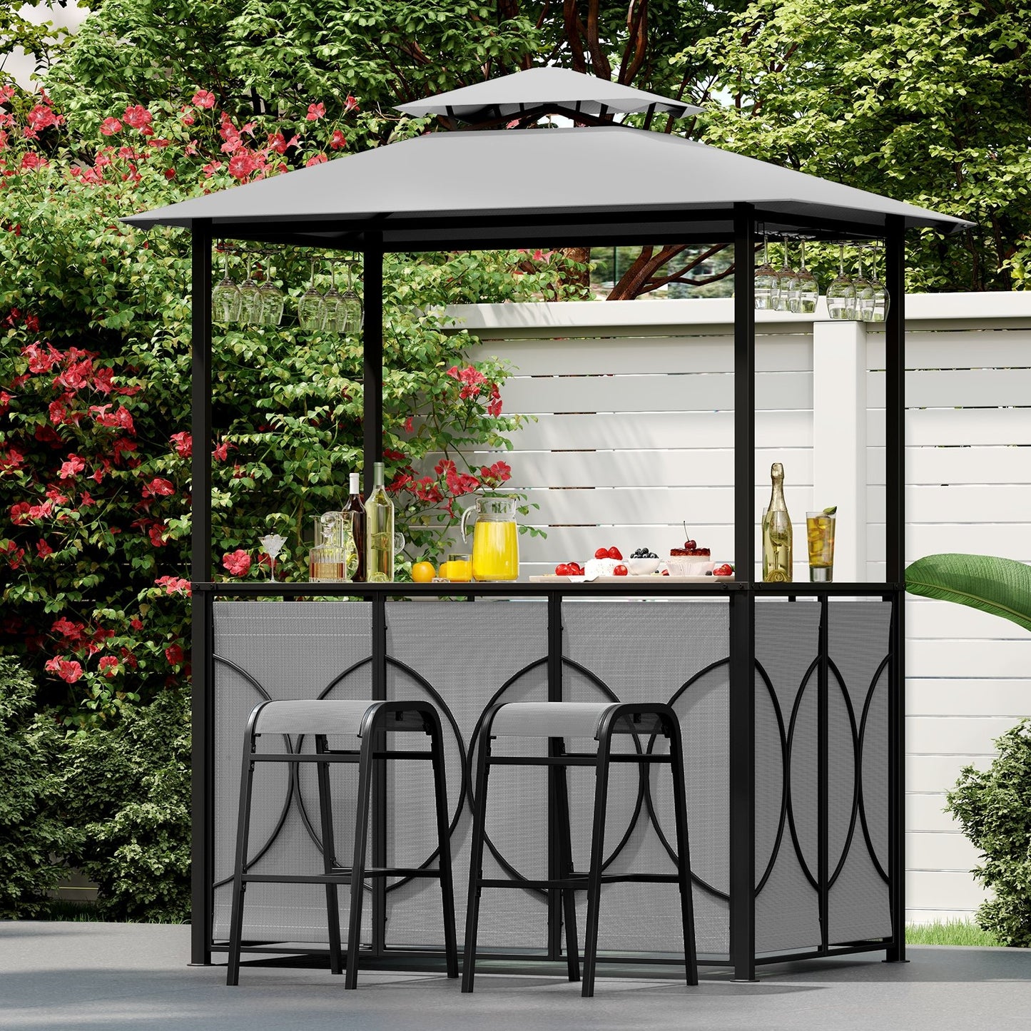 6.5 x 4 x 8 FT Grill Gazebo Set with 2 Bar Stools and Bar Table-Gray