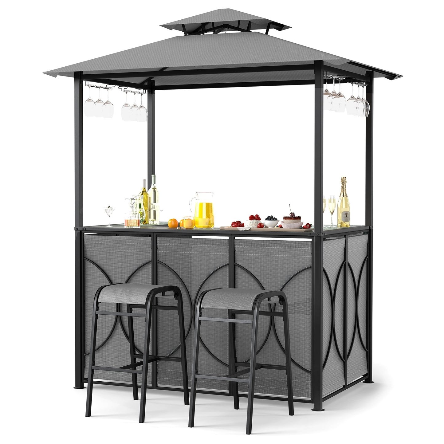6.5 x 4 x 8 FT Grill Gazebo Set with 2 Bar Stools and Bar Table-Gray