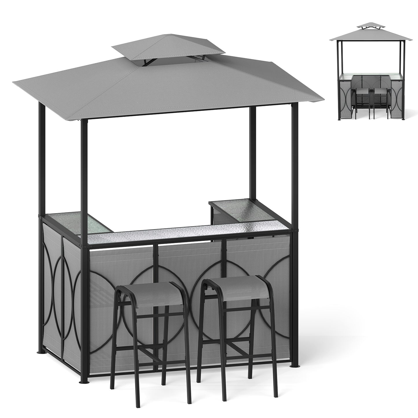 6.5 x 4 x 8 FT Grill Gazebo Set with 2 Bar Stools and Bar Table-Gray