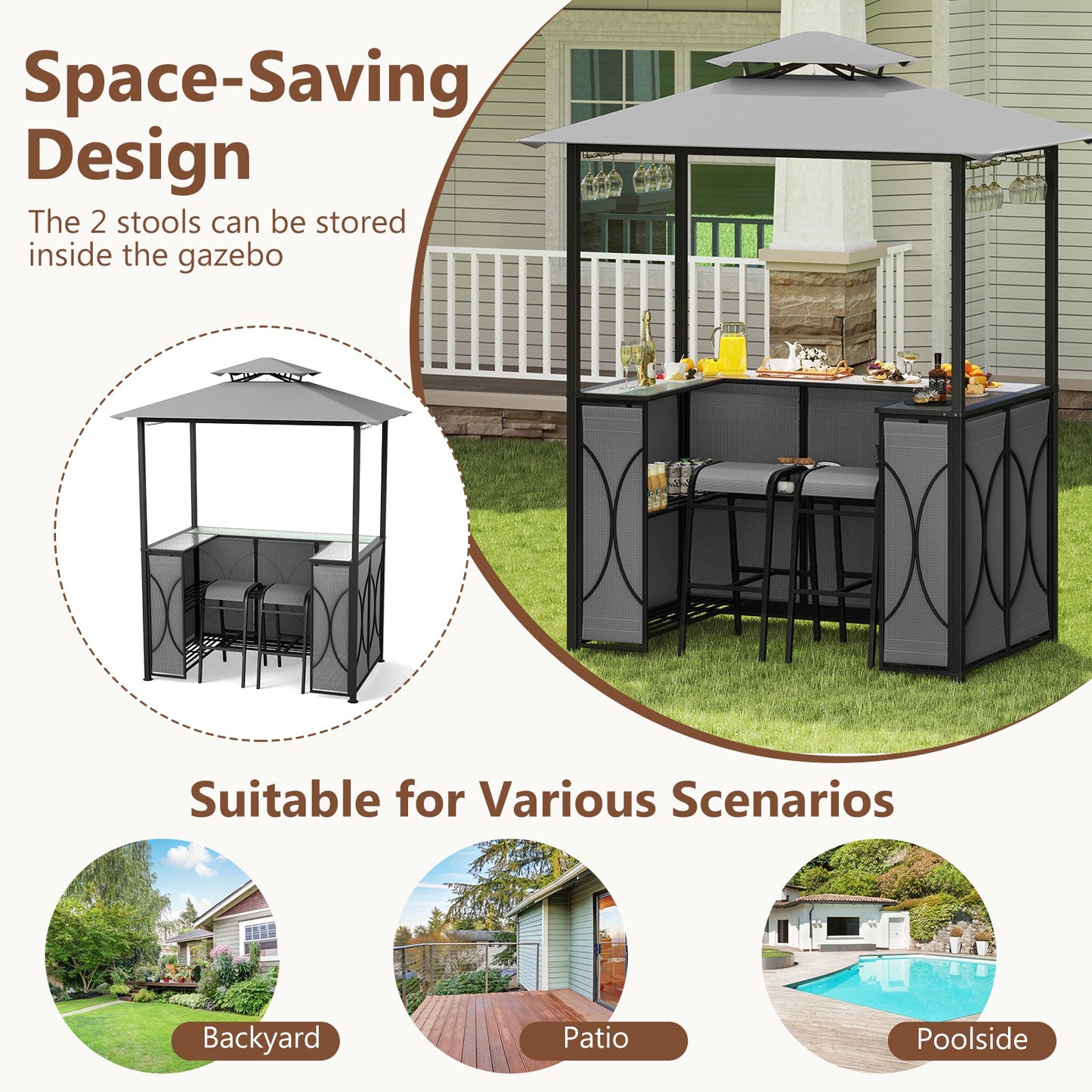 6.5 x 4 x 8 FT Grill Gazebo Set with 2 Bar Stools and Bar Table-Gray