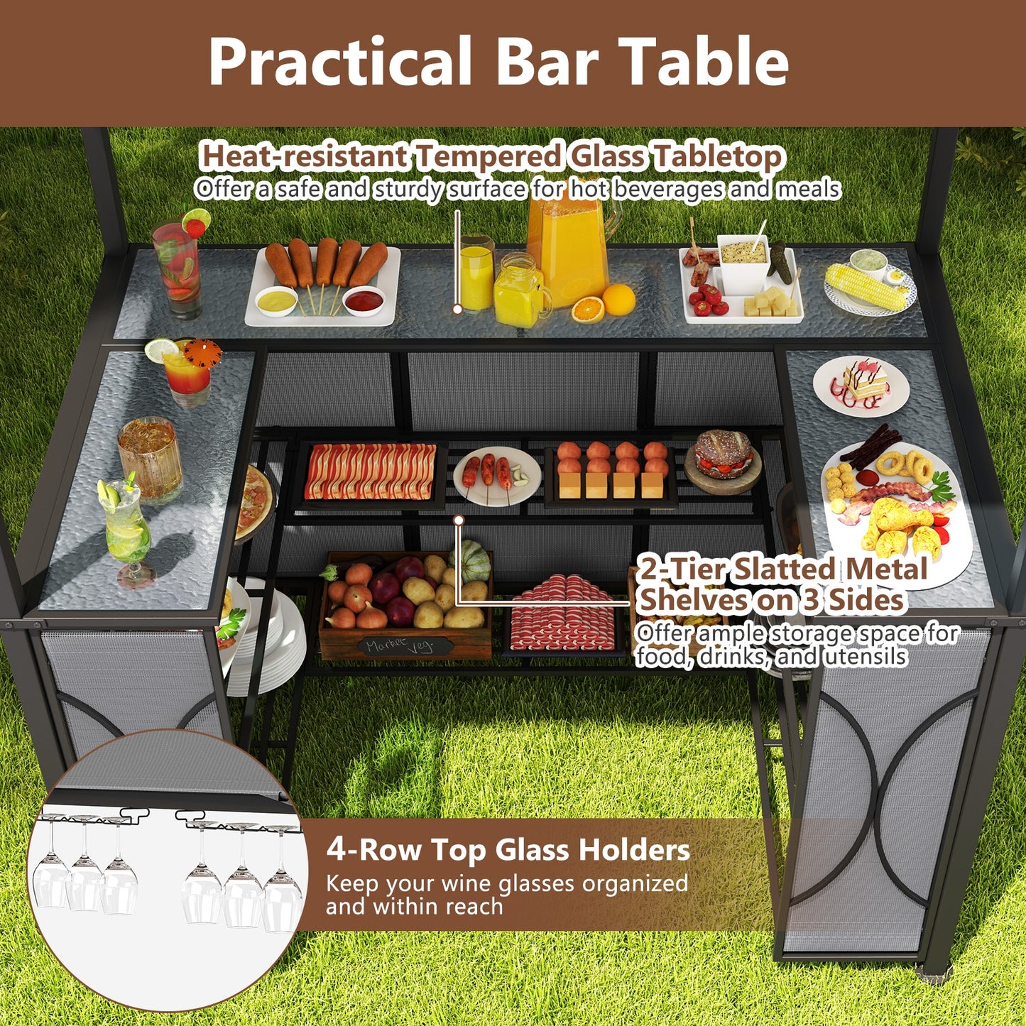 6.5 x 4 x 8 FT Grill Gazebo Set with 2 Bar Stools and Bar Table-Gray