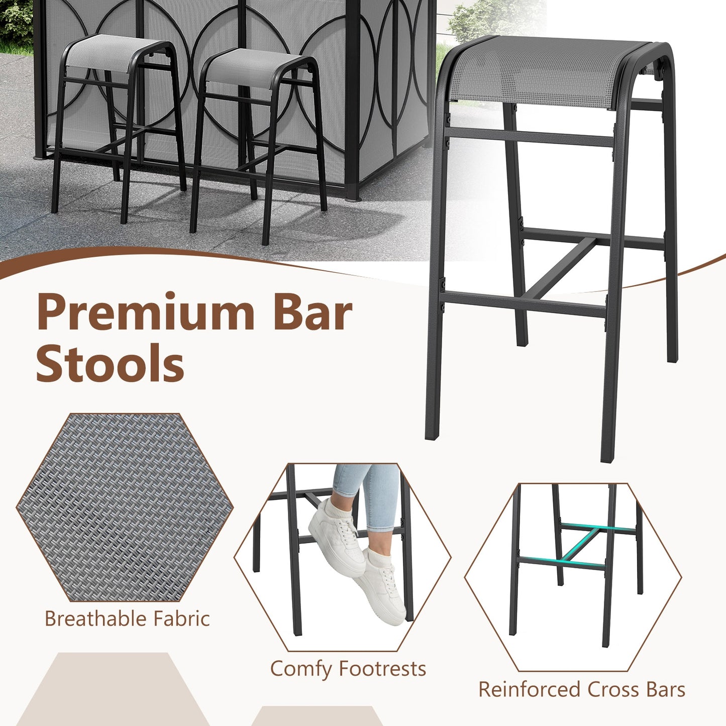 6.5 x 4 x 8 FT Grill Gazebo Set with 2 Bar Stools and Bar Table-Gray