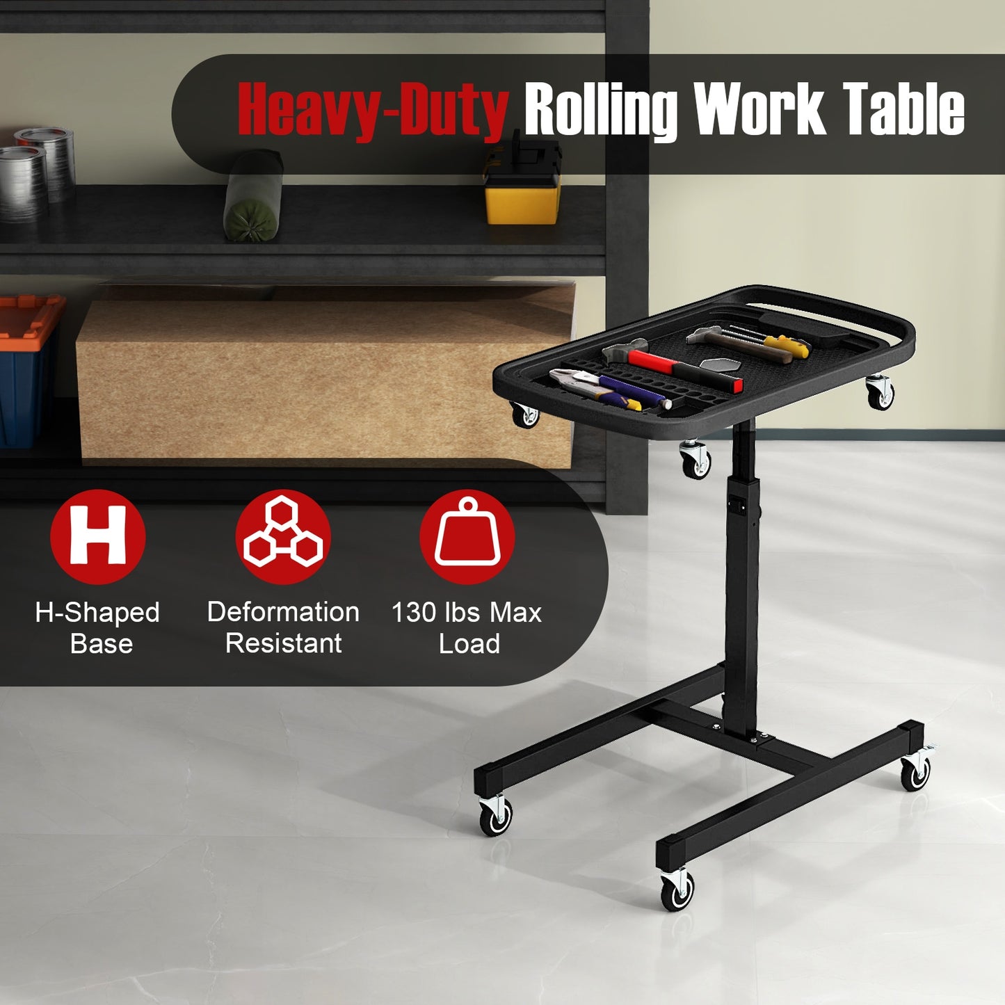 2-in-1 Rolling Tool Tray Height Adjustable Work Table with Detachable Part Tray-Black