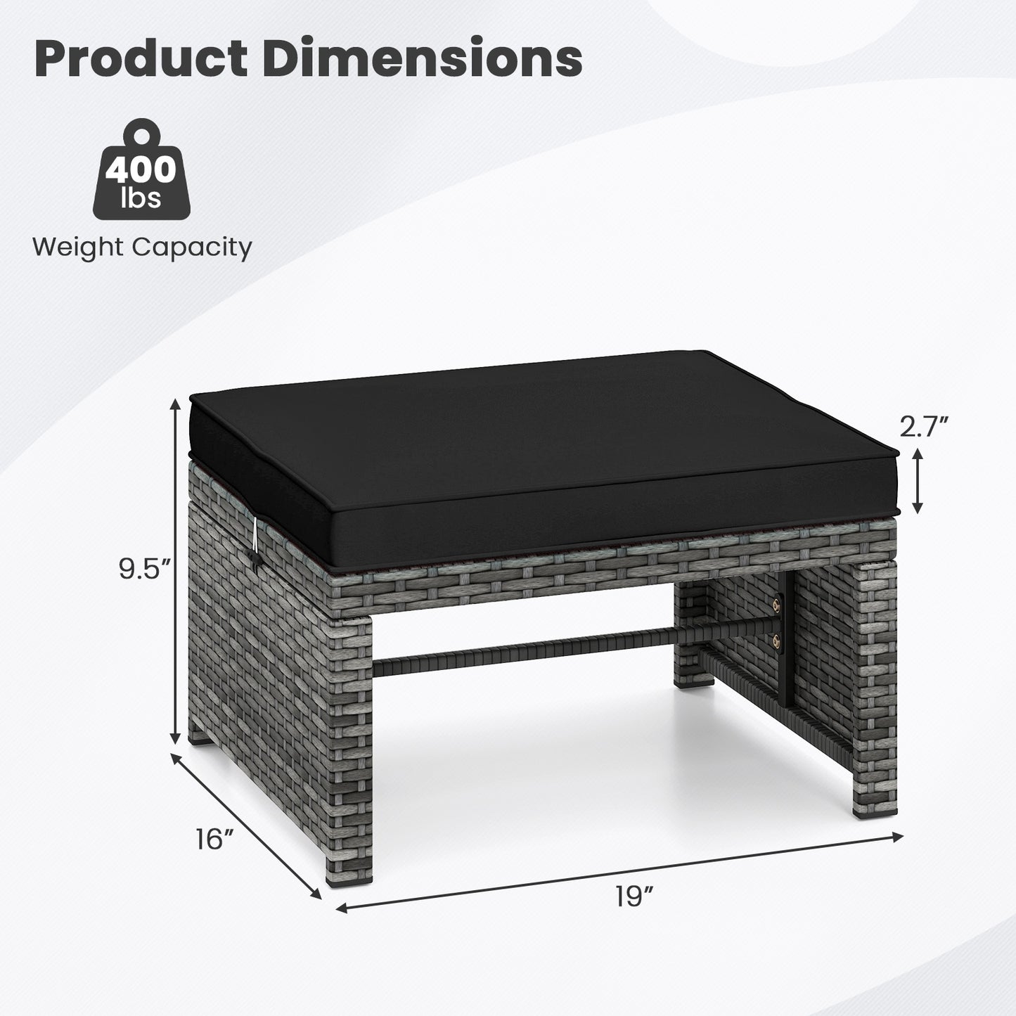 2 Pieces Patio PE Rattan Ottomans with Soft Zippered Cushions for Deck-Black