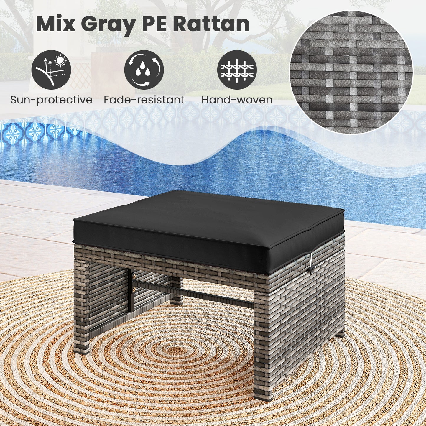 2 Pieces Patio PE Rattan Ottomans with Soft Zippered Cushions for Deck-Black