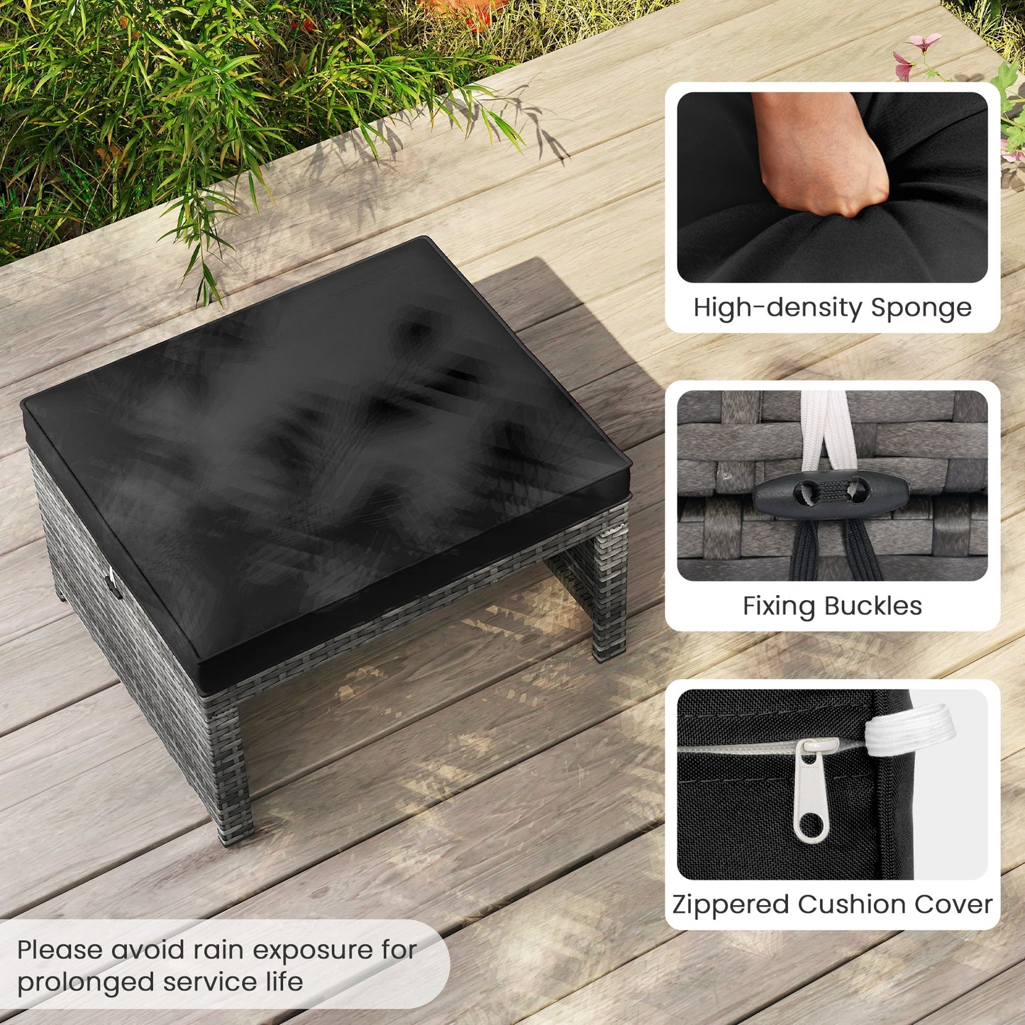 2 Pieces Patio PE Rattan Ottomans with Soft Zippered Cushions for Deck-Black